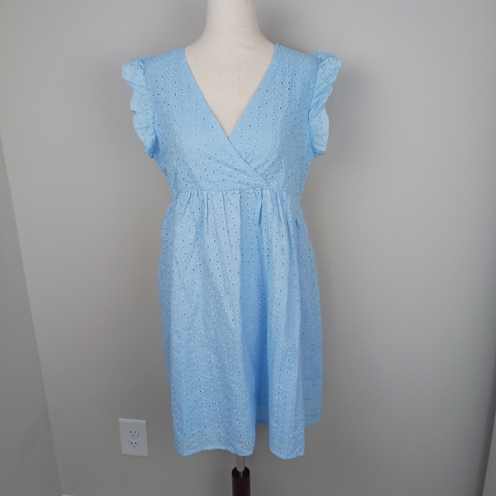 High Waist V-Neck Hollow Out Flutter Sleeve A-Line Midi Dress Blue Size Medium